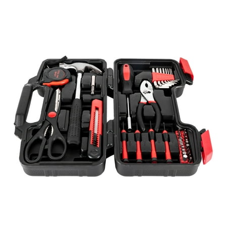 UBesGoo 39 pcs Household Hand Tool Set Kit, Includes Tape Measure, Storage Case, Red