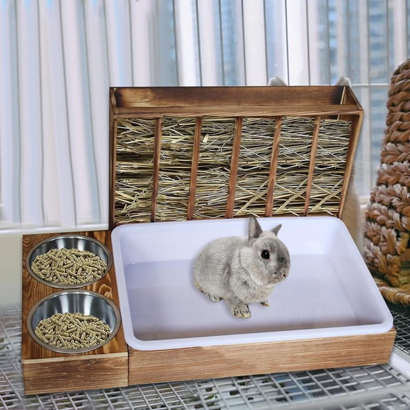 Serenable Rabbit Hay Feeder with 2 Bowls and Litter Box Cage Accessories Hay Container