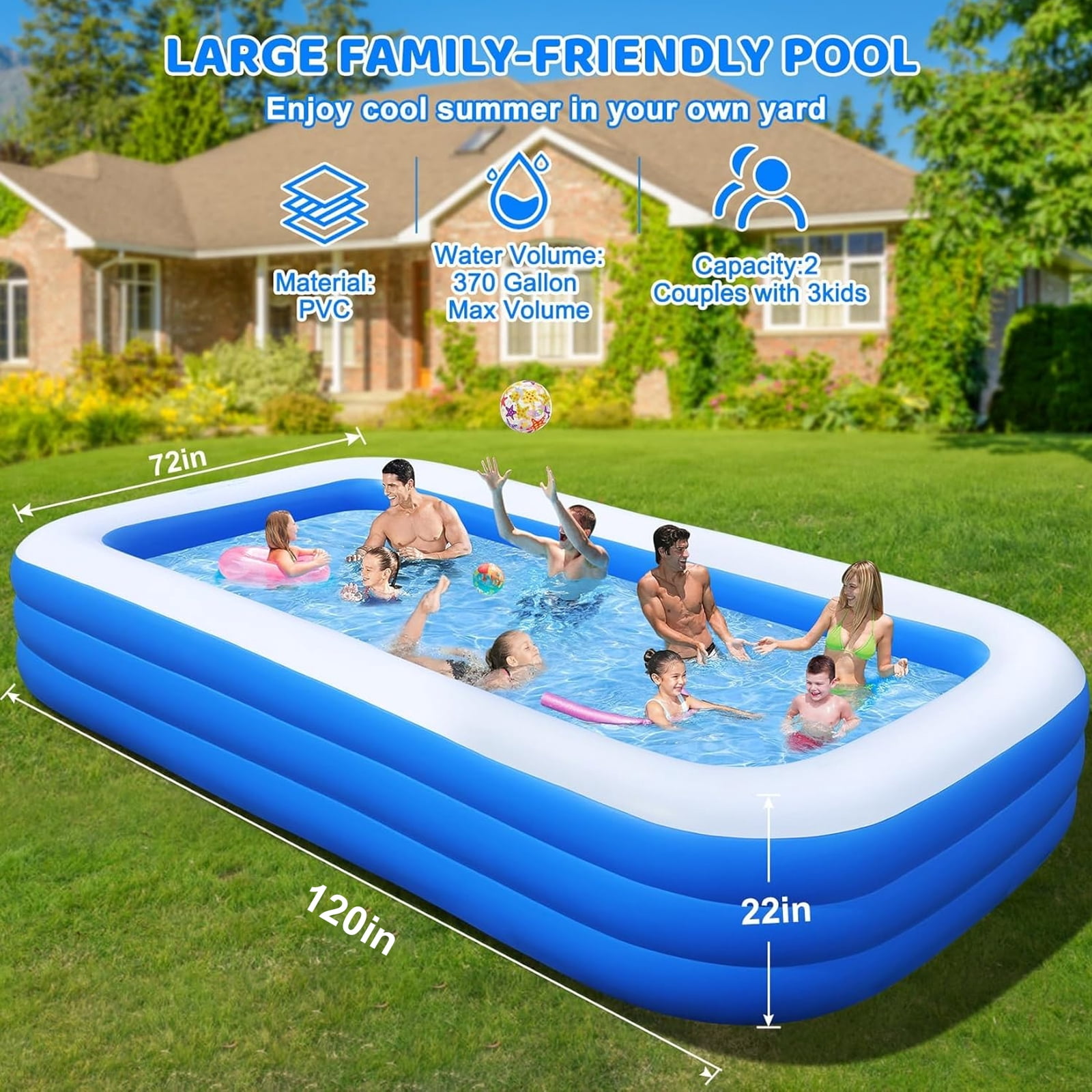Inflatable Swimming Pool with Pump, Cuopluber 120" x 72" x 22" Large Inflatable Pool for Adults and Kids, Thickened Blow Up Pools for Outdoor, Garden, Backyard, Summer Water Party