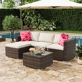 thumbnail image 3 of Comfort 5-Piece Outdoor Patio Furniture Set – All-Weather Brown Rattan Wicker Sectional Sofa with Ottoman, Glass Coffee Table, Waterproof Off-Gray tone Cushions – Garden, Balcony, Lawn, Backyard, 3 of 9