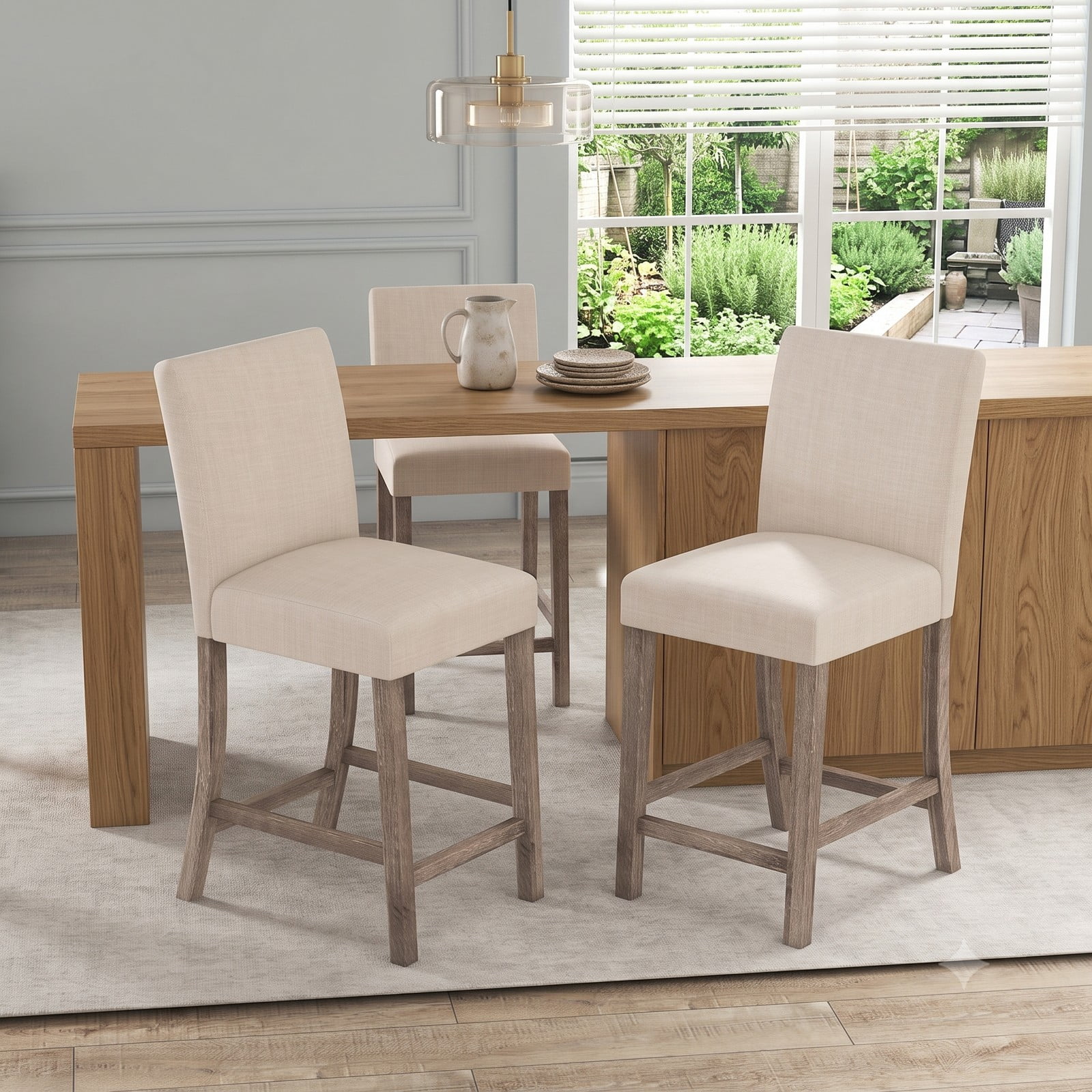 Furnibear Counter Height Bar Stools Set of 2, 24.5 Inch Upholstered Linen Kitchen Island Stools with Backrest and Footrest, Rubber Wood Frame Dining Chairs for, Beige