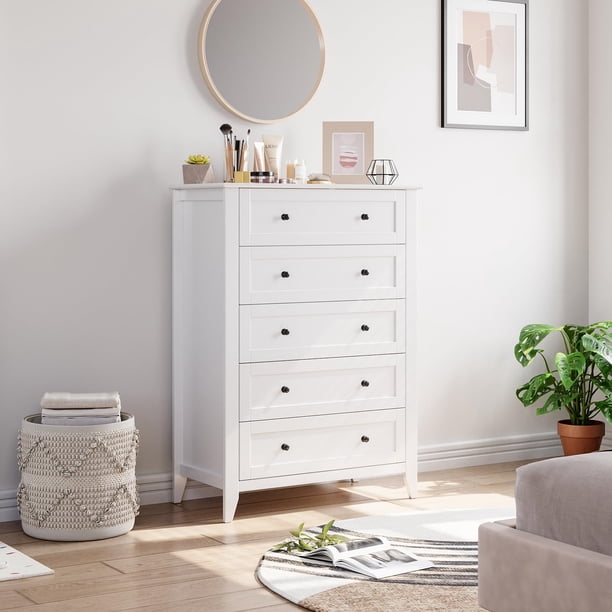 QinaQin Cómoda de madera con 5 cajones y jaladeras metálicas, mueble organizador para recámara, clóset o pasillo con diseño práctico y moderno