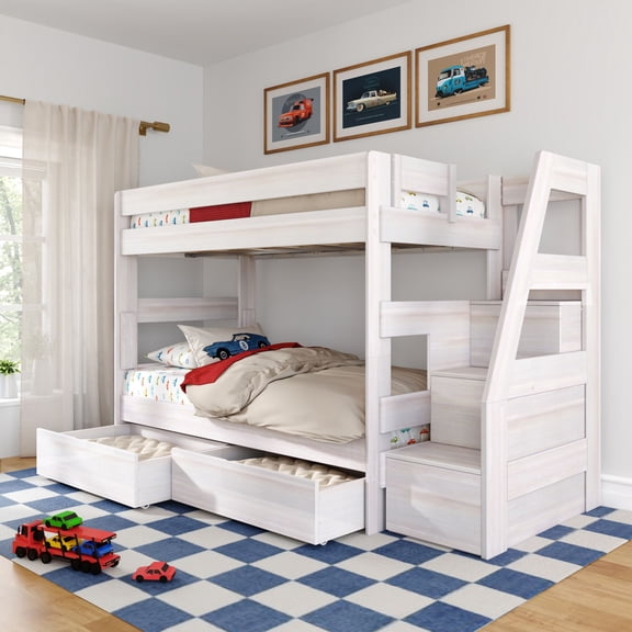 Modern Farmhouse Twin Over Twin Bunk Bed With Staircase and Storage Drawers, White Wash