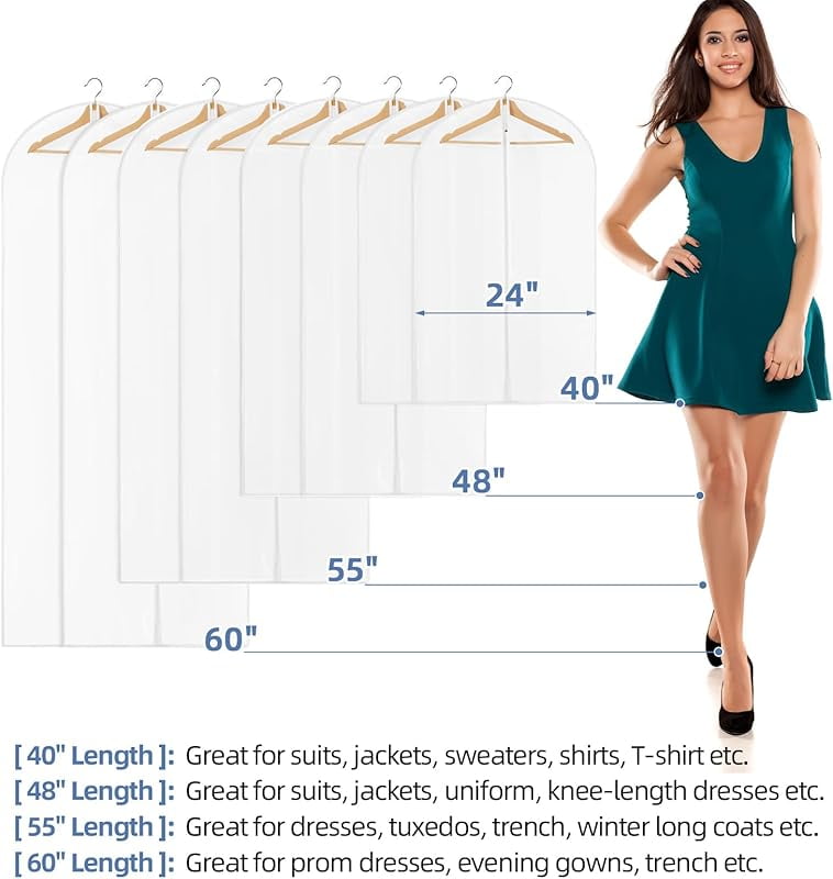 60inch (Approx. 152.4cm ) Garment Bags, Pack of 12 Transparent Clothing Bags for Hanging Clothes, Plastic Waterproof Garment Covers with Zipper, Suitable for Dresses, Coats, Uniforms (12-Piece Set)