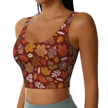 Picia Autumn Warm Tone Maple Leaf Sports Bra for Women Padded Strappy Sports Bras Medium Support Yoga Bra with Removable Cups Running Yoga Bra-X-Large