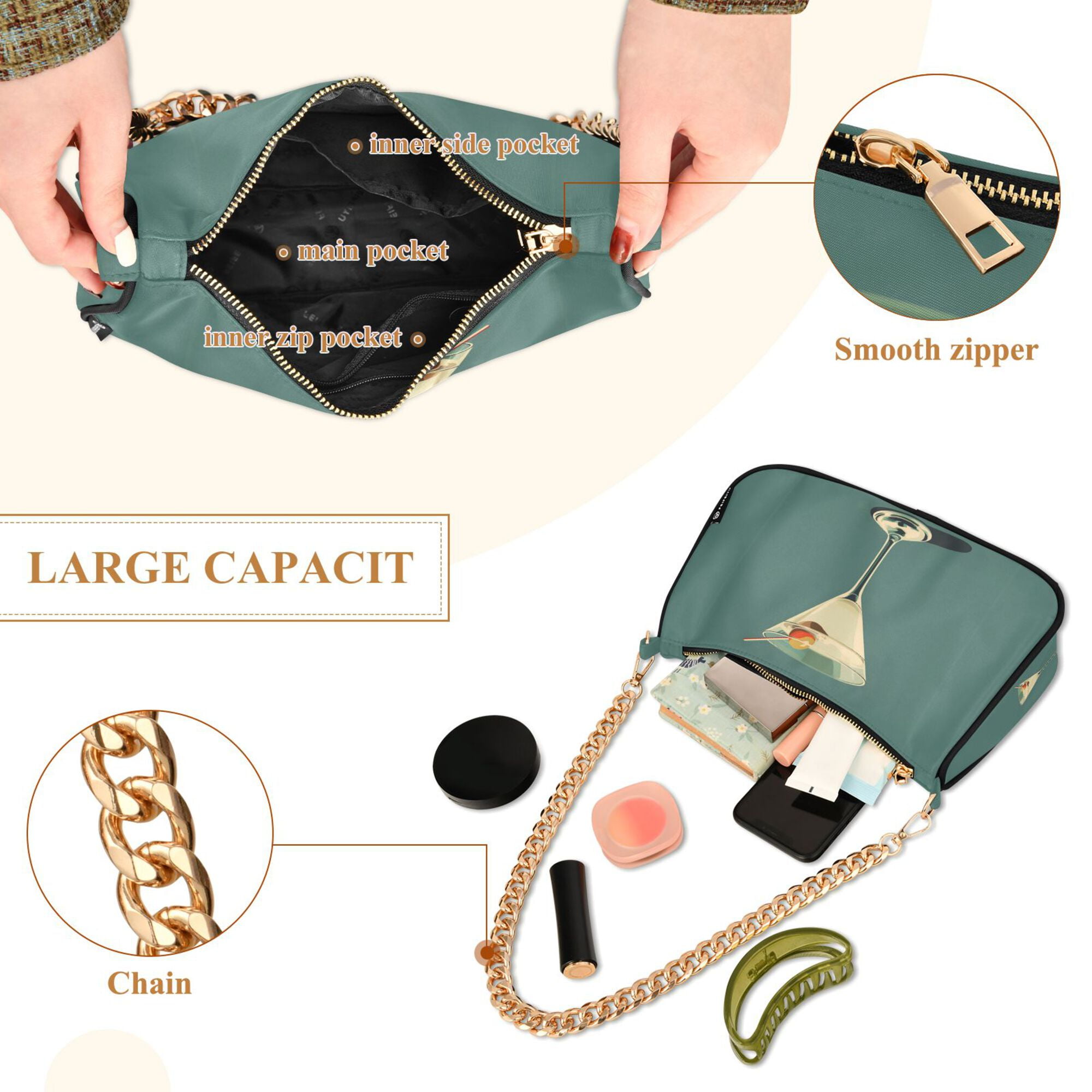 FORMRS Womens Shoulder Bag with Chain Strap Clutch Purse Cute Tote Handbag, Beige Martini