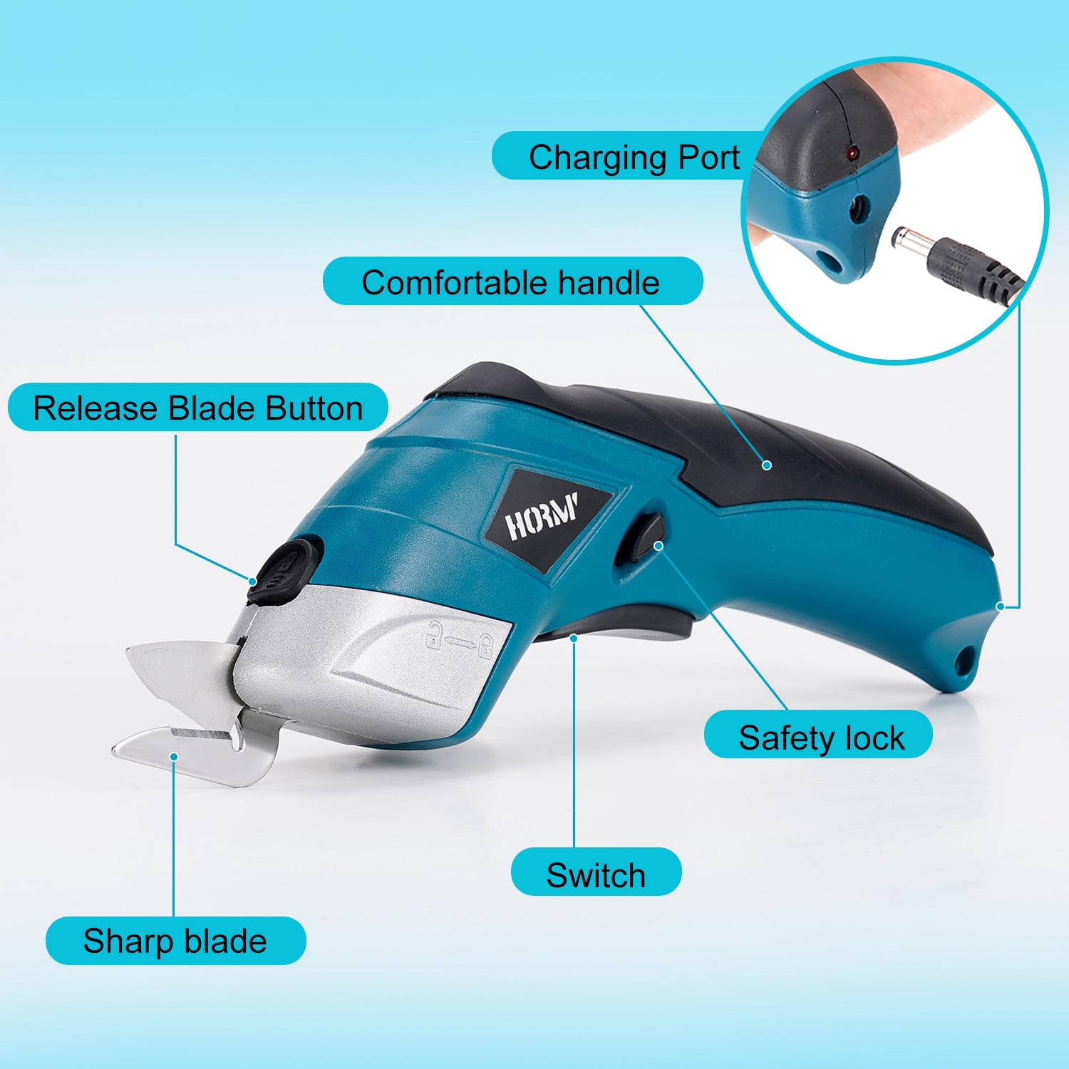 HORMY Cordless Electric Scissors with Two Blades, 3.6V Super Scissors Rechargeable with Safety Lock, for Cardboard Cutting Fabric Paper Sewing, Blue