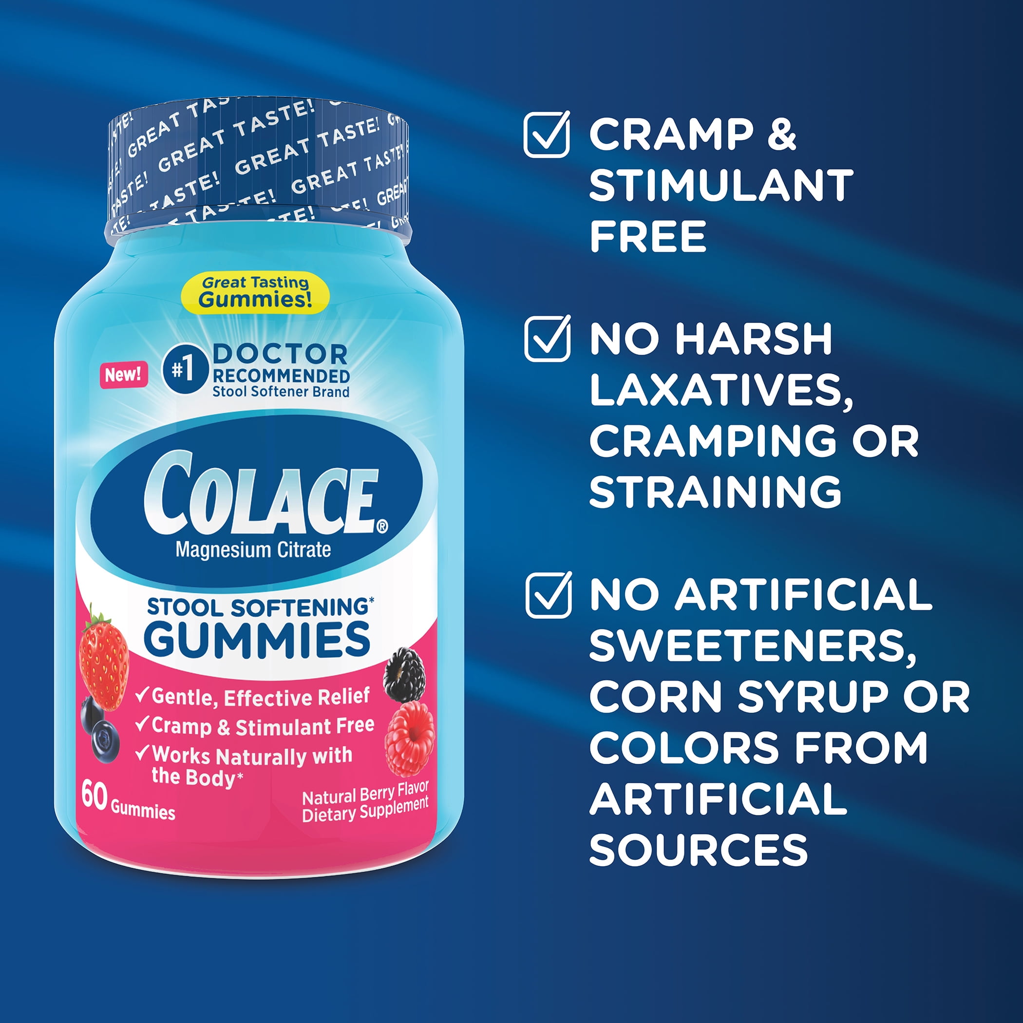 Colace Stool Softener Gummies, Gentle Constipation Relief, Mixed Berry Flavor, 60 Count