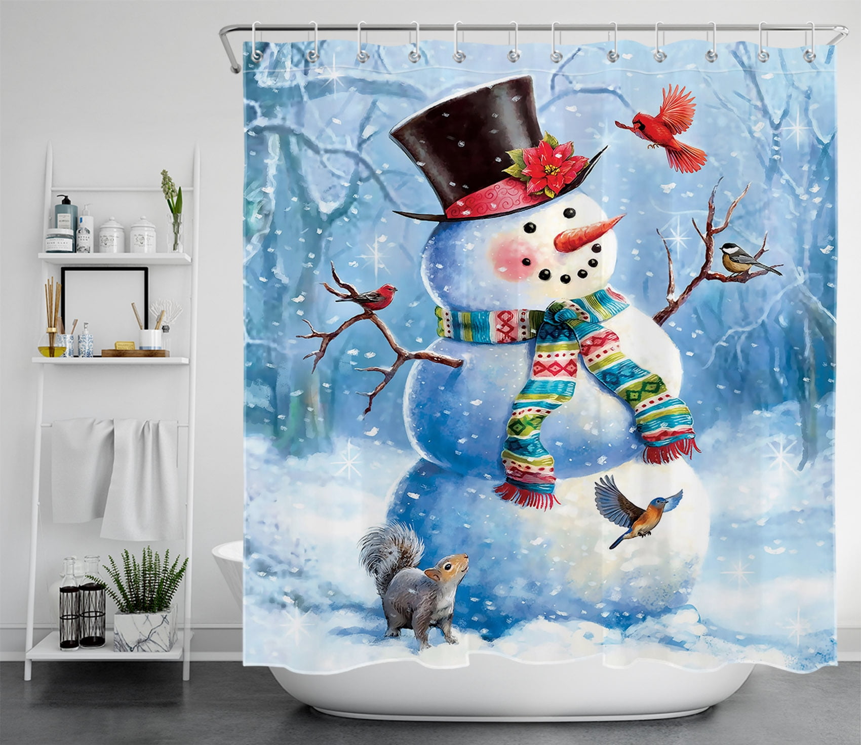 HVEST Winter Shower Curtain Snowman and Cardinals Bathroom Shower