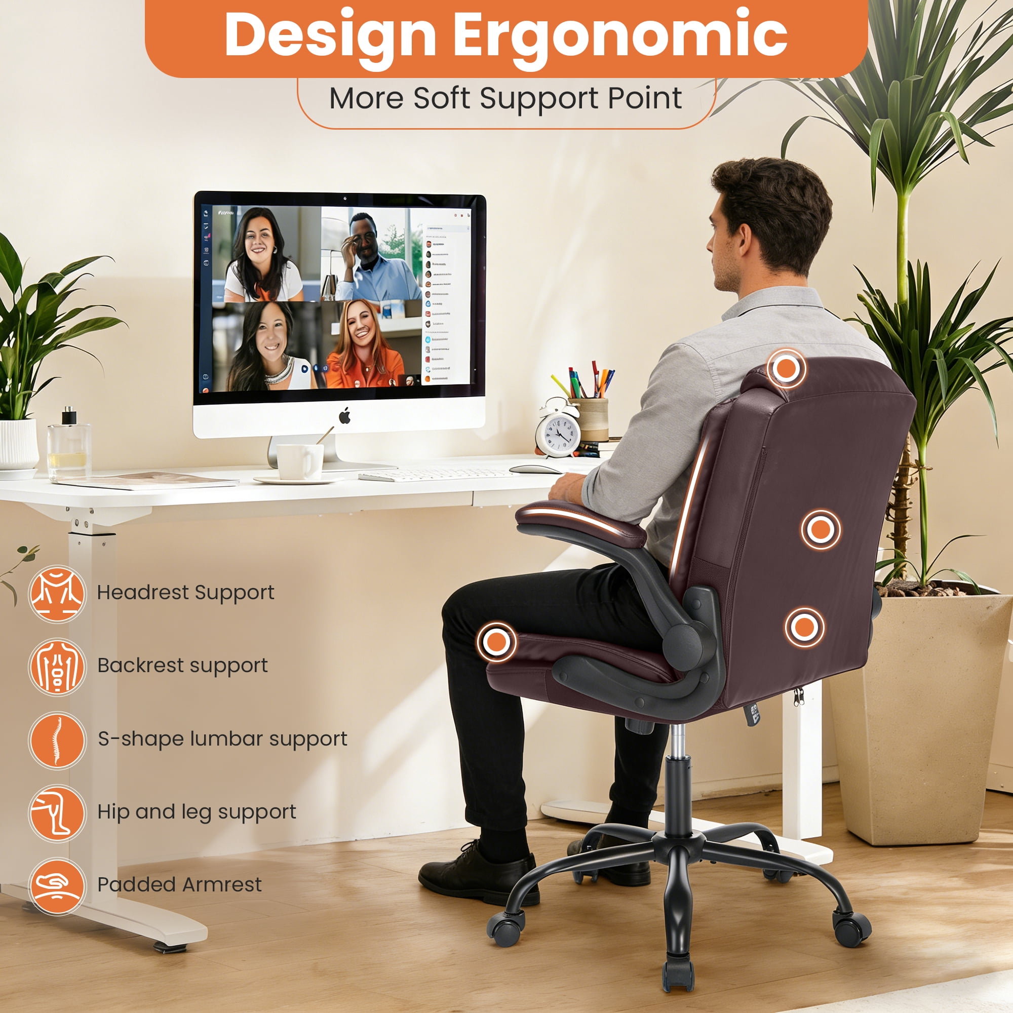Fantasylab Executive Ergonomic 300LBS PU Leather Home Office Desk Chair, Computer Desk Chair with Adjustable Armrest,BROWN