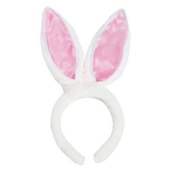 Plush Easter Rabbit Bunny White Headband w Pink Satin Ears Accessory