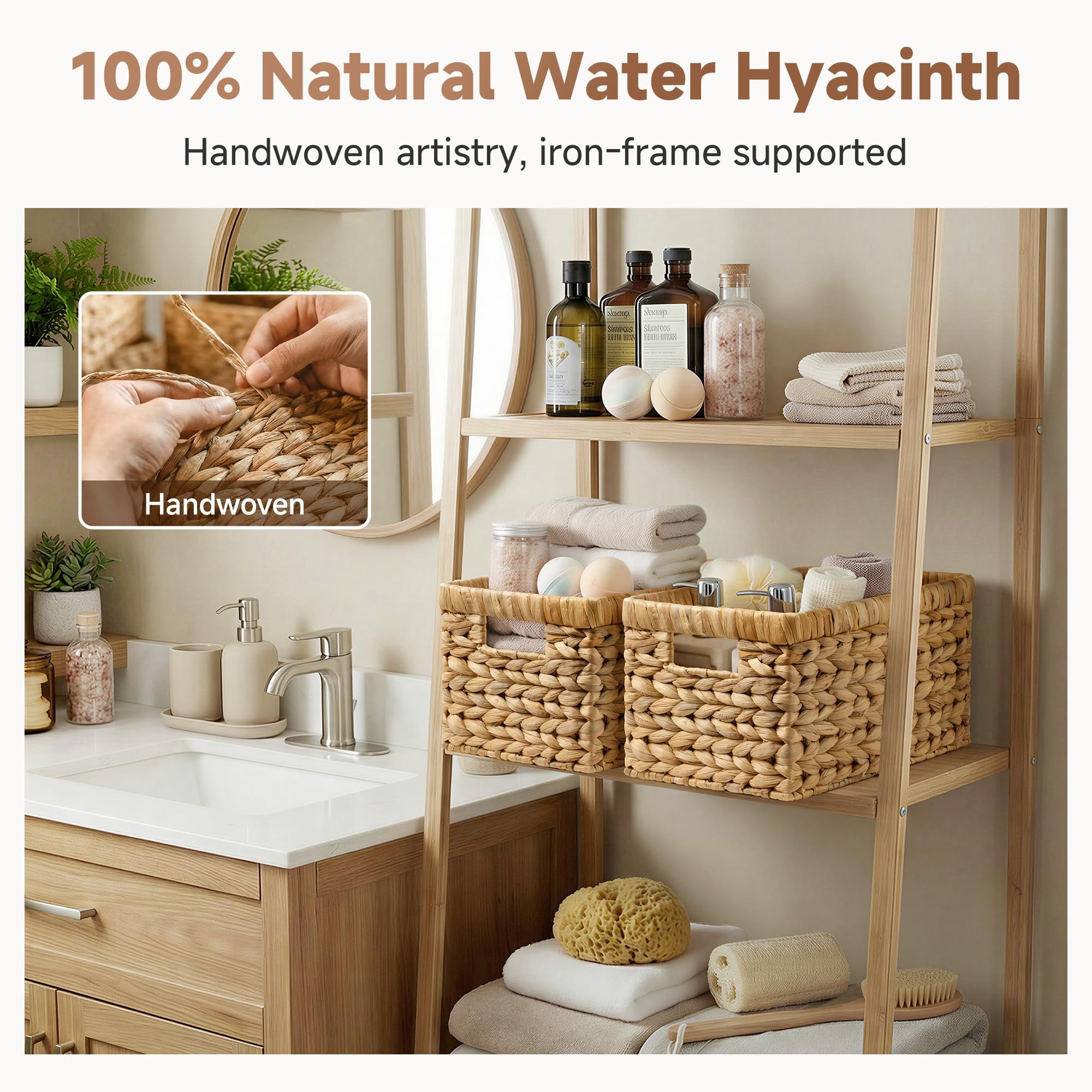 Wicker Storage Baskets for Organizing, Water Hyacinth Shelf Baskets with Built-in Handles, Medium 2 Pack, Natural Hyacinth