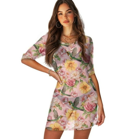 FKELYI Hummingbird Yellow Pink Flower Print Women s Beach Cover Up Breathable Bikini Suit Cover-Up Half Sleeve Swimwear Cover Ups for Lady Summer Beachwear Round Neck Resort Wear  XS
