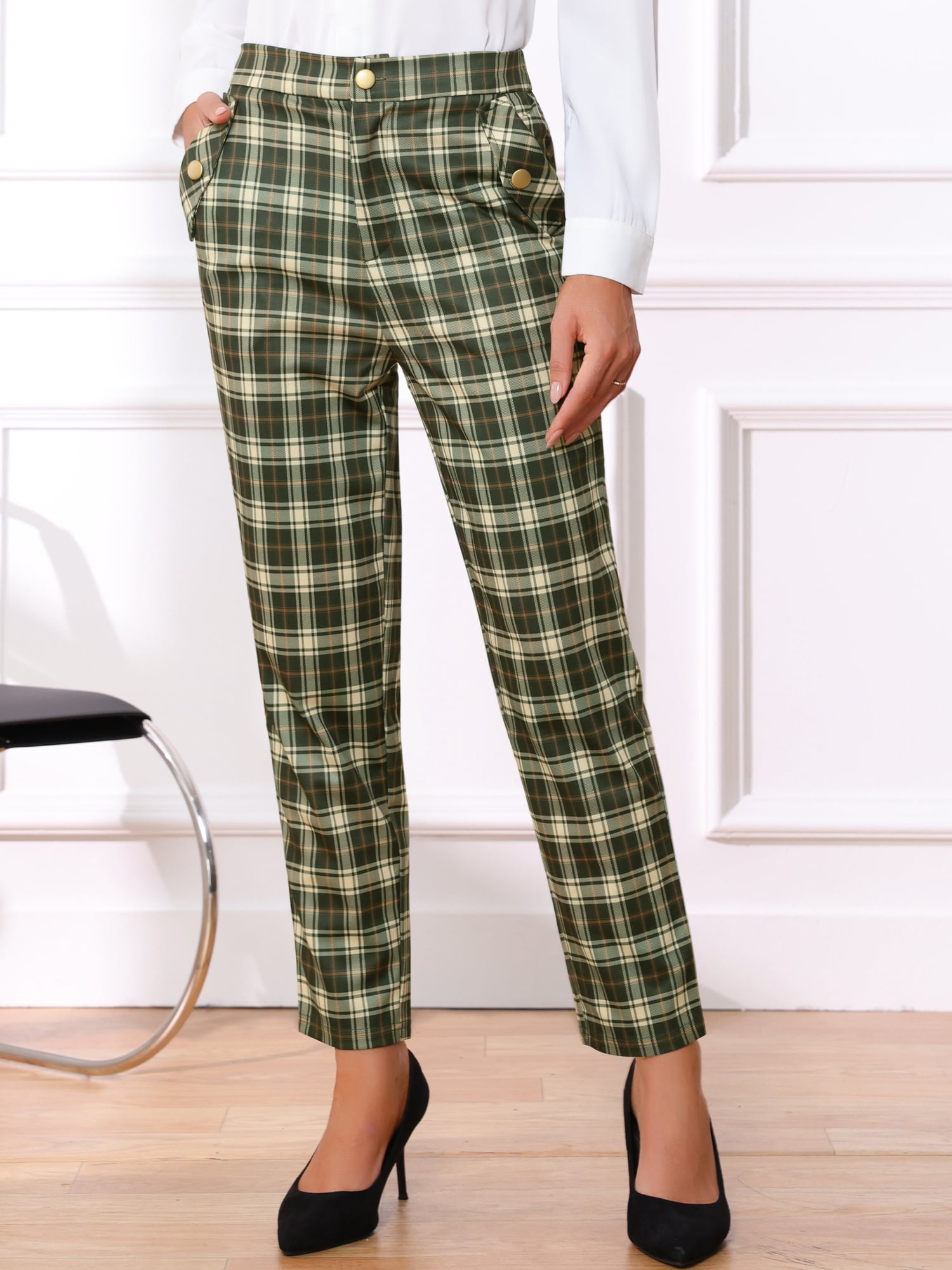 DARING DIVA Women's Tartan Plaid Pants Elastic Waist Straight Long Trousers XL Army Green