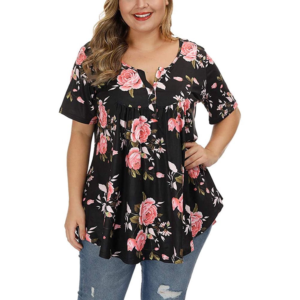 Plus Size Flowy Tunic Tops for Women Short Sleeve Floral Blouses Button