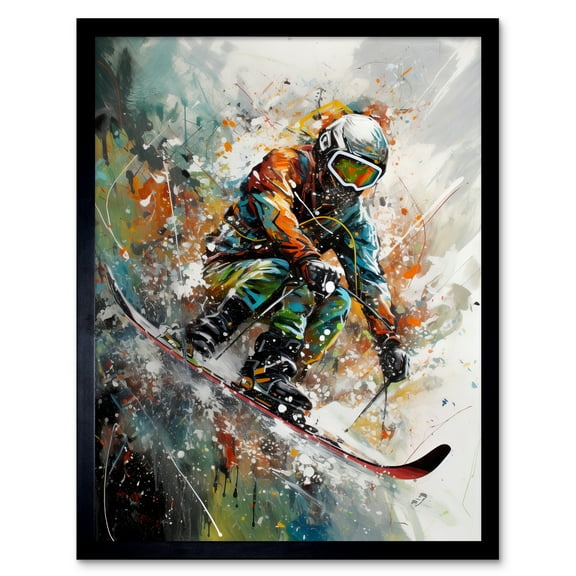 Skier Skiing Winter Sport Paint Splat Painting Art Print Framed Poster Wall Decor 12x16 inch