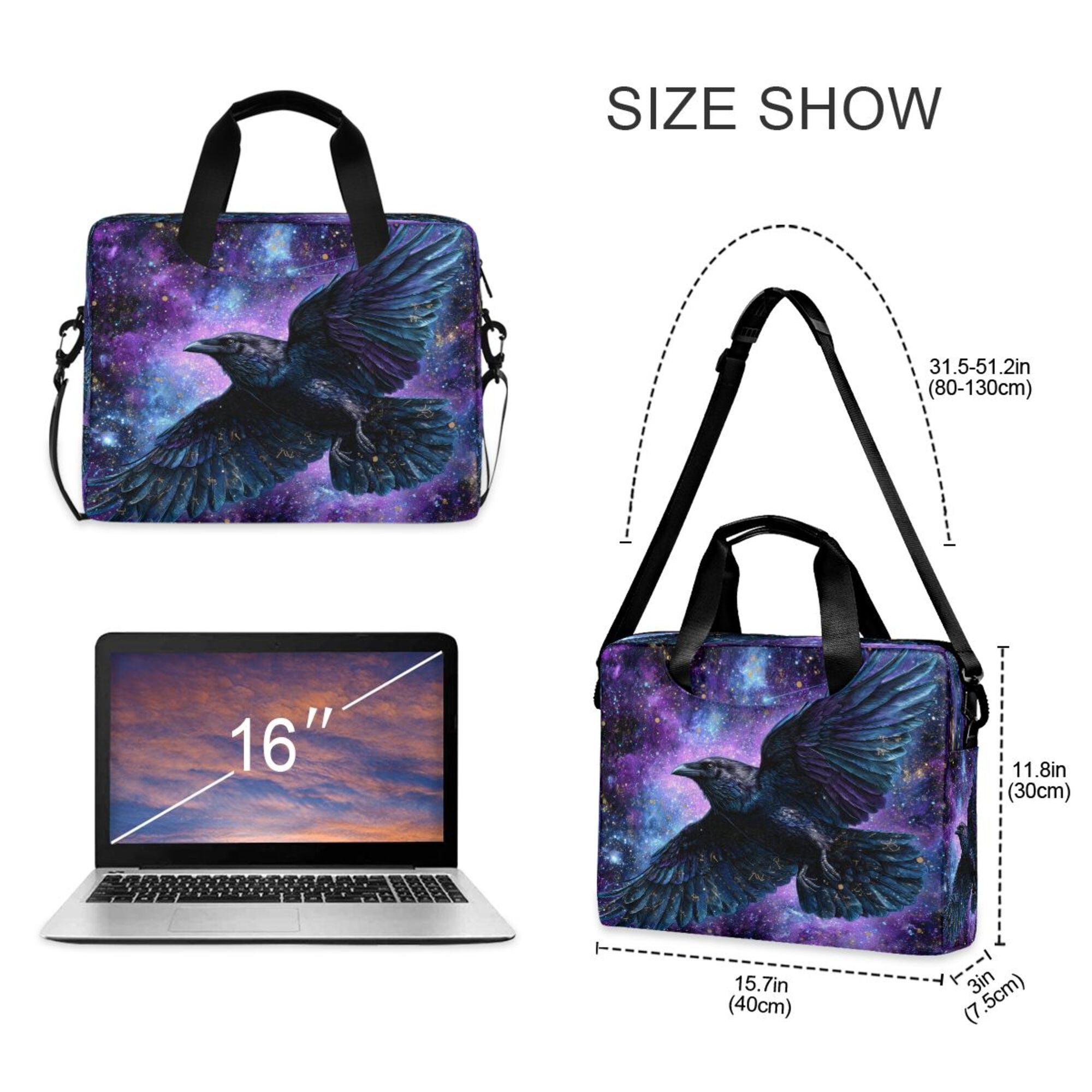 16" Laptop Briefcase, Detachable Anti-Slip Shoulder Strap, Multi-Compartment Work Travel Bag Black Raven