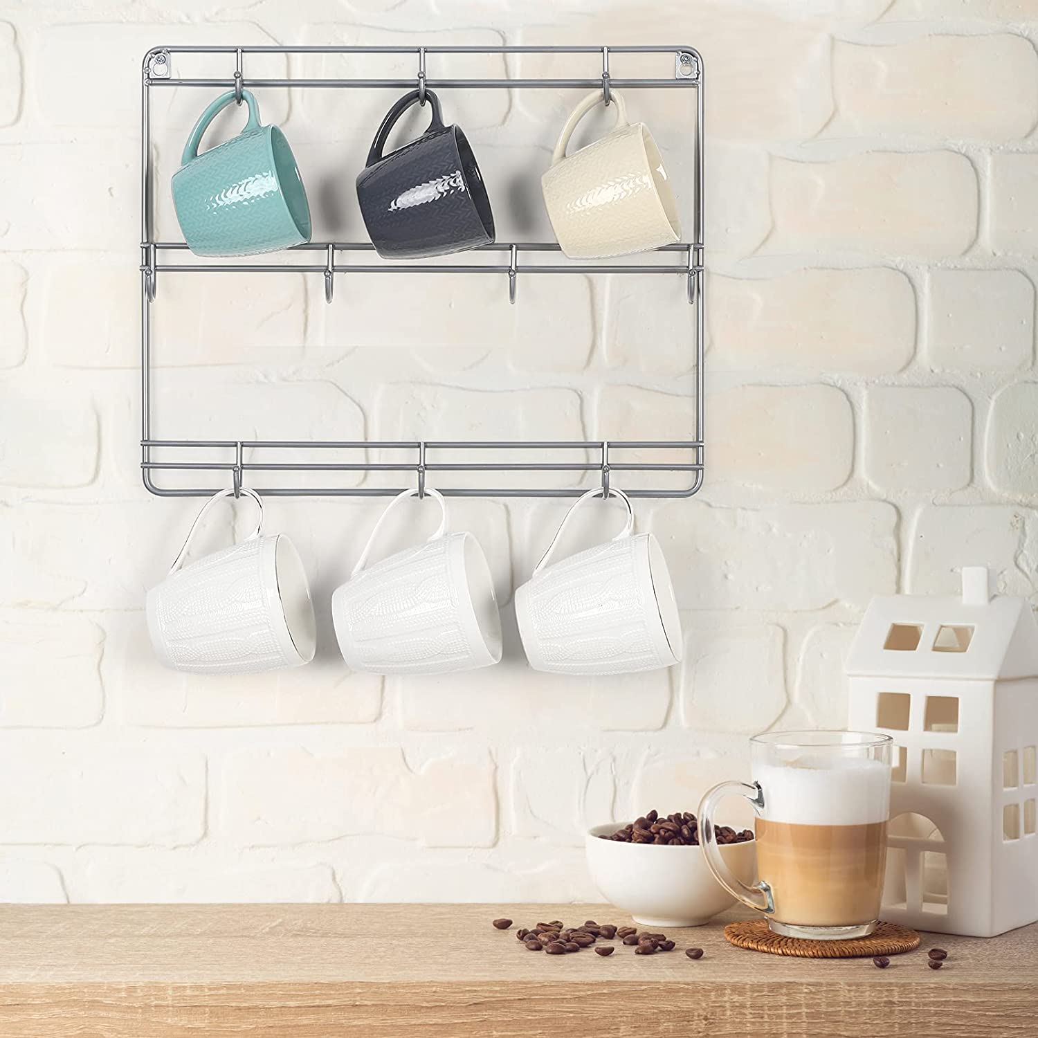 Oumilen Set of 2 3-Tier Metal Wall Mounted Coffee Cup Holder with 10 Hooks, Silver