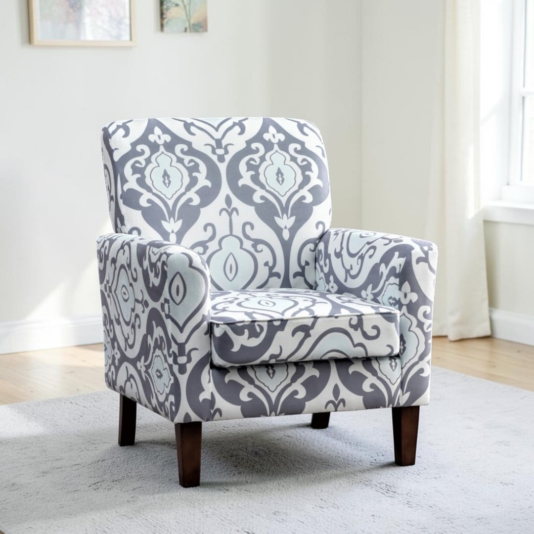IVV Modern Accent Armchair with Wood Legs & Removable Seat Cushion, Comfy Upholstered Single Sofa Chair for Living Room or Bedroom, Gray Damask Scroll Pattern