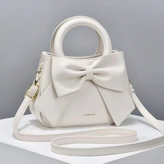 PORT&LOTUS Small Compact Leather Crossbody Bag for Women Sweet Style Handbag for Women with Shoulder Strap Women's Top-handle Handbags with Large Bow Decoration