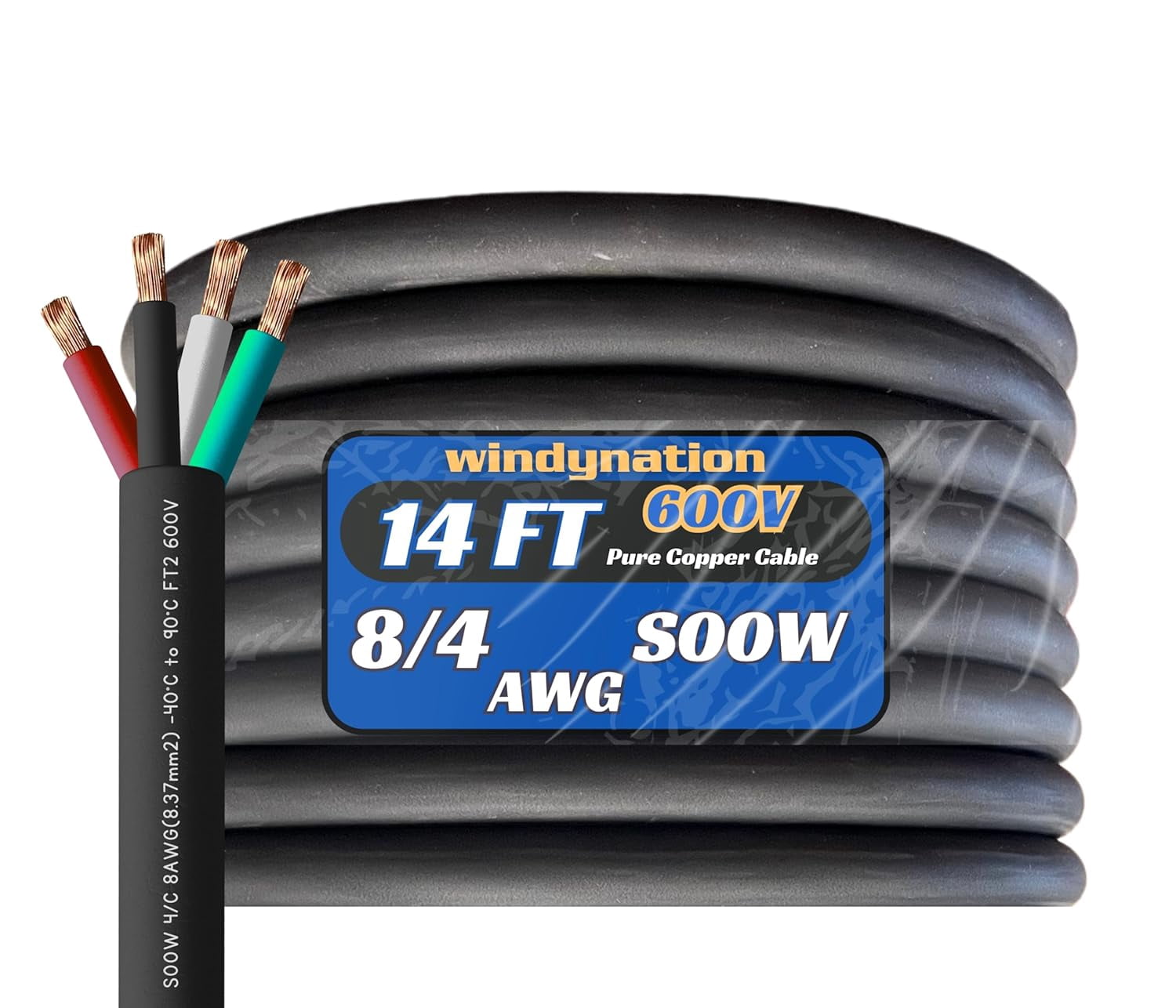 14 Feet 8/4 8 AWG SOOW SO Cable Cord Wire - 8 Gauge 4 Conductor 600V Portable Power Extension Cord Cable for EV Chargers, Motor Leads, Portable Lights, Battery Chargers, and Machinery