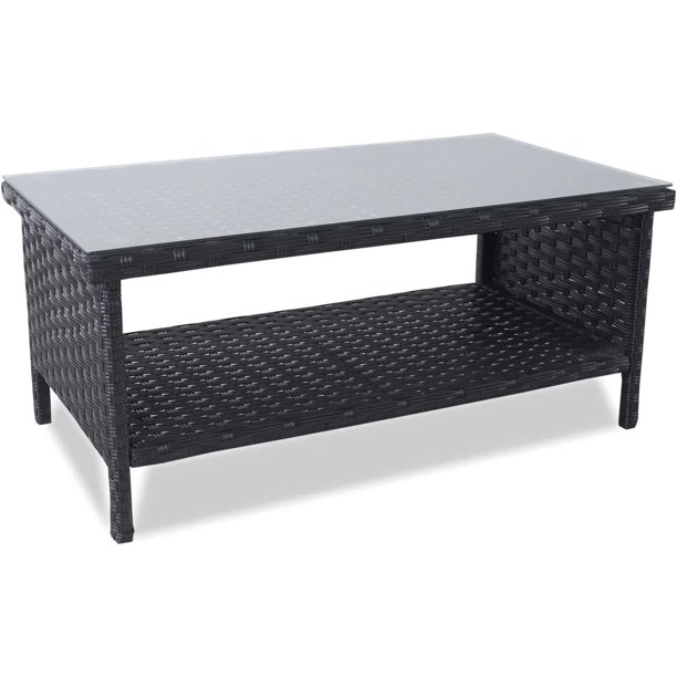 Outdoor Wicker Coffee Table Patio Furniture Garden Rattan 2Layer Glass