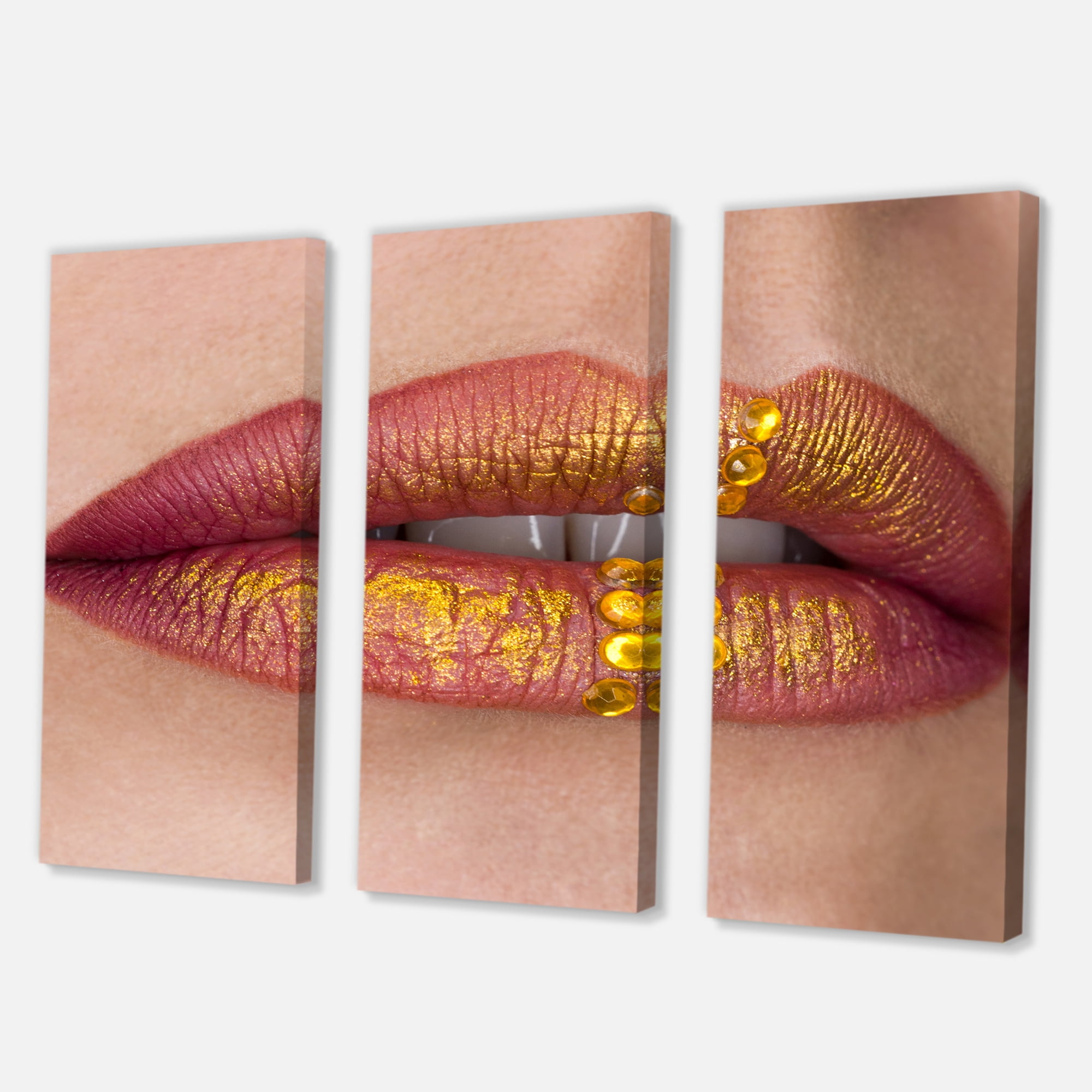 Designart ' Woman Lips Close-Up With Red Lipstick, Gold Paint ' Modern Canvas Wall Art Print
