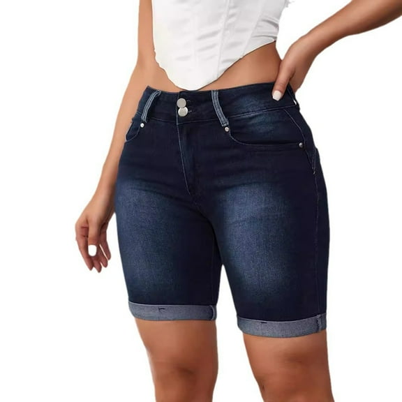 xingwang Clearance Plus Size Jean Shorts for Women High Waisted,Women's Fashion Pocket Curled Denim 3/4 Shorts Summer Versatile Middle Pants Denim Shorts Blue XL