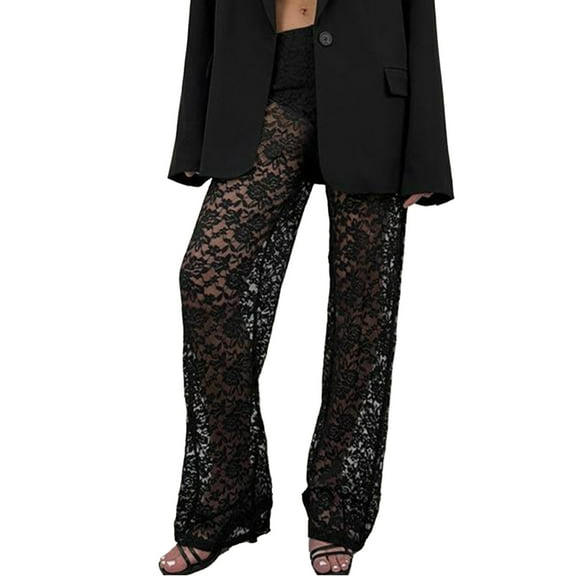 JIUKE Pants for Women Lace Floral See Through Sheer Mesh Elastic High Waist Baggy Casual Cute Trousers