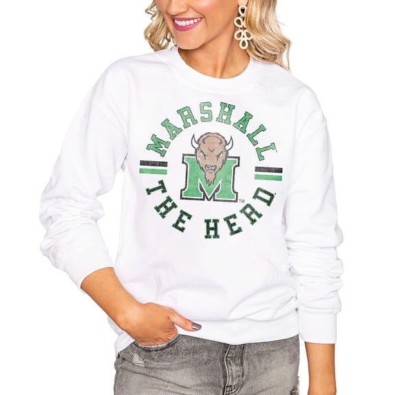 Women's Gameday Couture White Marshall Thundering Herd Oversized Vintage Days Perfect Crew Sweatshirt