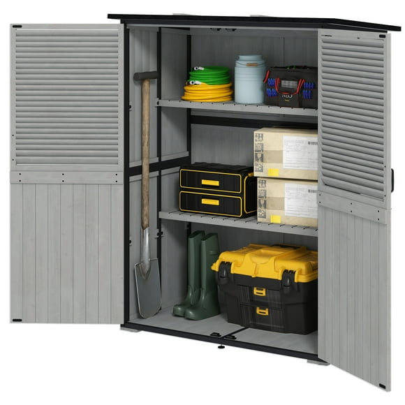 Outsunny Grey Wood Garden Storage Shed with Steel Frame, Asphalt Roof, 2 Adjustable Shelves & Lockable Doors, 55" W x 29" D Outdoor Cabinet for Patio & Lawn