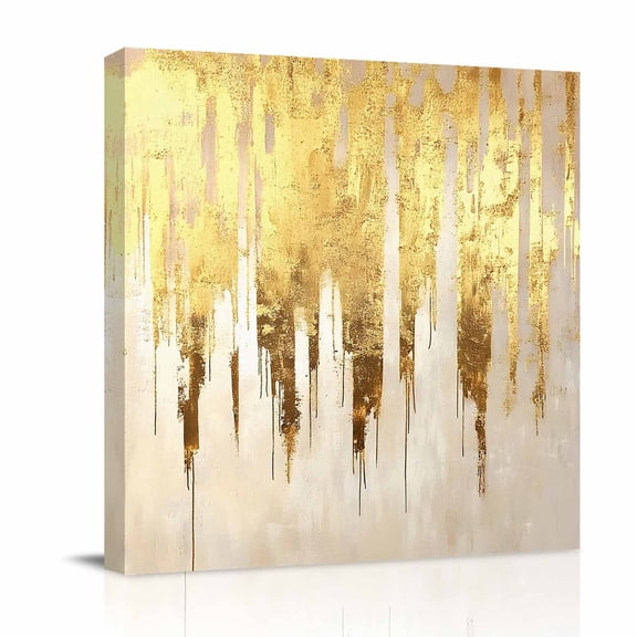Abstract Art Canvas Wall Art for Living Room, Gold Brush Luxury Strokes Artwork Simple Poster Print Painting for Bedroom Office Home Decoration Wall Pictures Prepare To Hang 10"x10"