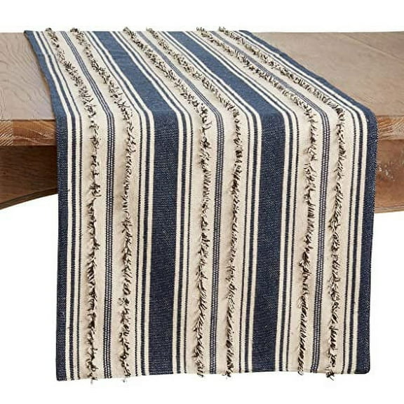 Fennco Styles Fringe Striped Modern Cotton Table Runner 16”W x 72" L - Navy Blue Woven Table Cover for Home Décor, Dining Table, Banquets, Holidays and Special Occasions