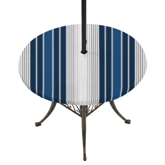 Round Outdoor Tablecloth with Umbrella Hole and Zipper, Lake Blue Stripes Tablecloth with Elastic Waterproof, Minimalist Abstract Vertical Lines Patio Table Covers for 55" - 60" Picnic Pool Tables