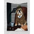 thumbnail image 1 of English Bulldog Tapestry, Traditional English Detective Dog with a Pipe and Hat Sherlock Holmes Image, Wall Hanging for Bedroom Living Room Dorm Decor, 60W X 80L Inches, Multicolor, by Ambesonne, 1 of 2