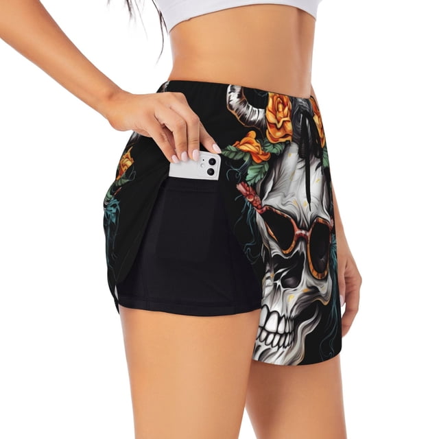 Balery Flower Horn Skull A Pantalones cortos deportivos para mujer con forro y dos bolsillos, elásticos, para entrenamiento, gimnasio, yoga-X-Large