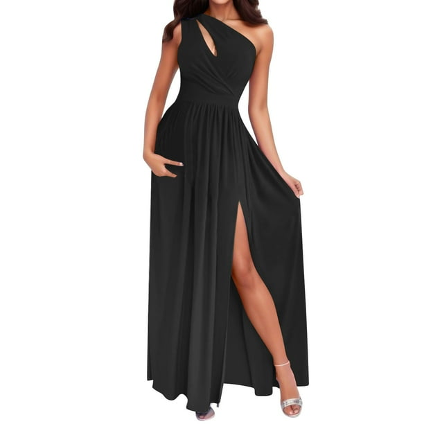 Vestido largo de fiesta con un hombro y estampado floral para mujer - Vestido con abertura para fiestas y celebraciones - Poliéster ligero - Elegante vestido de verano