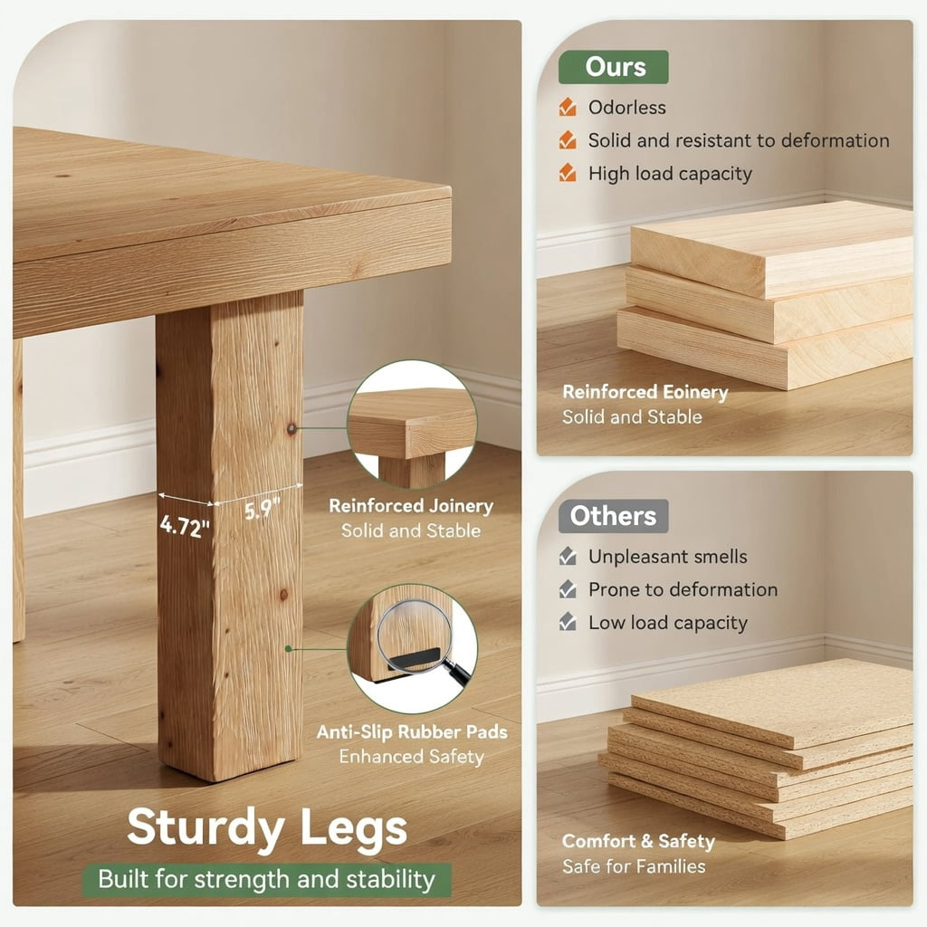 Hommoo 63 Inch Solid Wood Farmhouse Dining Table, Rustic Kitchen Table for 4-6 People, Heavy-Duty Wooden Legs, Waterproof Finish, Easy Assembly, Natural