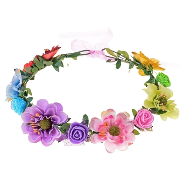 Adjustable Flower Crown Headband for Women Girls, Faux Floral Garland Headpiece with Ribbon for Wedding Party Photo (Colorful, 180mm)
