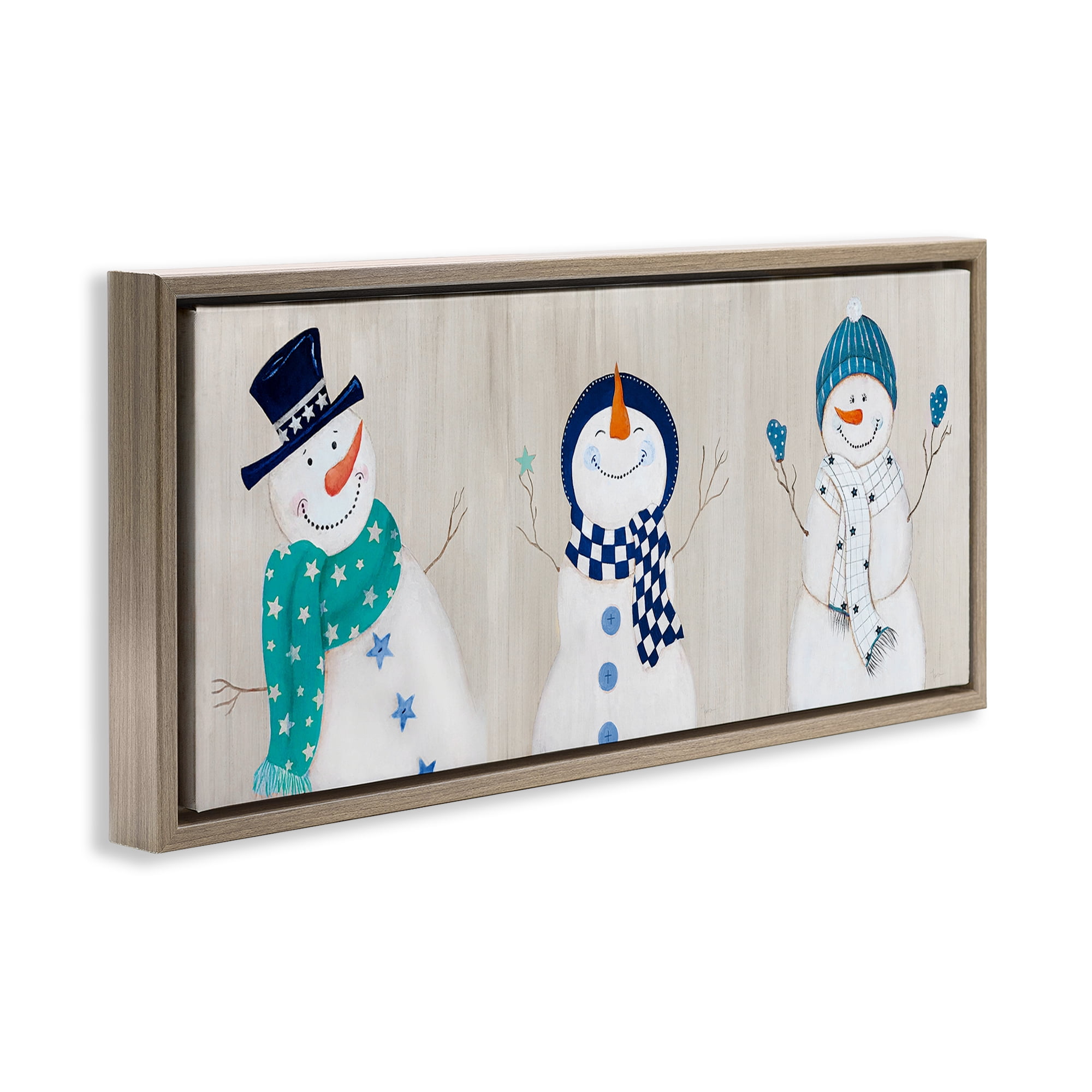 Stupell Industries Happy Snowman Trio Holiday Painting Brown Floater Framed Canvas Art Prints Wall Art, 31 x 14