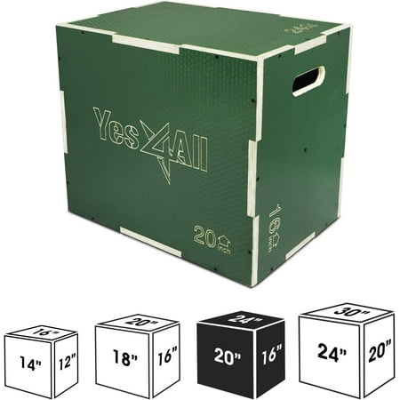 Yes4All 3-in-1 Wooden Plyo Box, Non Slip Surface with Hex Grip, Three Different Height, 24" 20" 16", Green Color