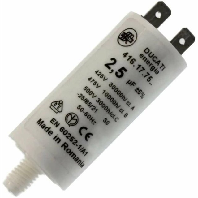 Condensador de arranque universal 2.5µF 450V Ø25mm longitud 55mm Fijación M8 2 tetones Motor Permanente Electrodomésticos Bomba Persiana Conector