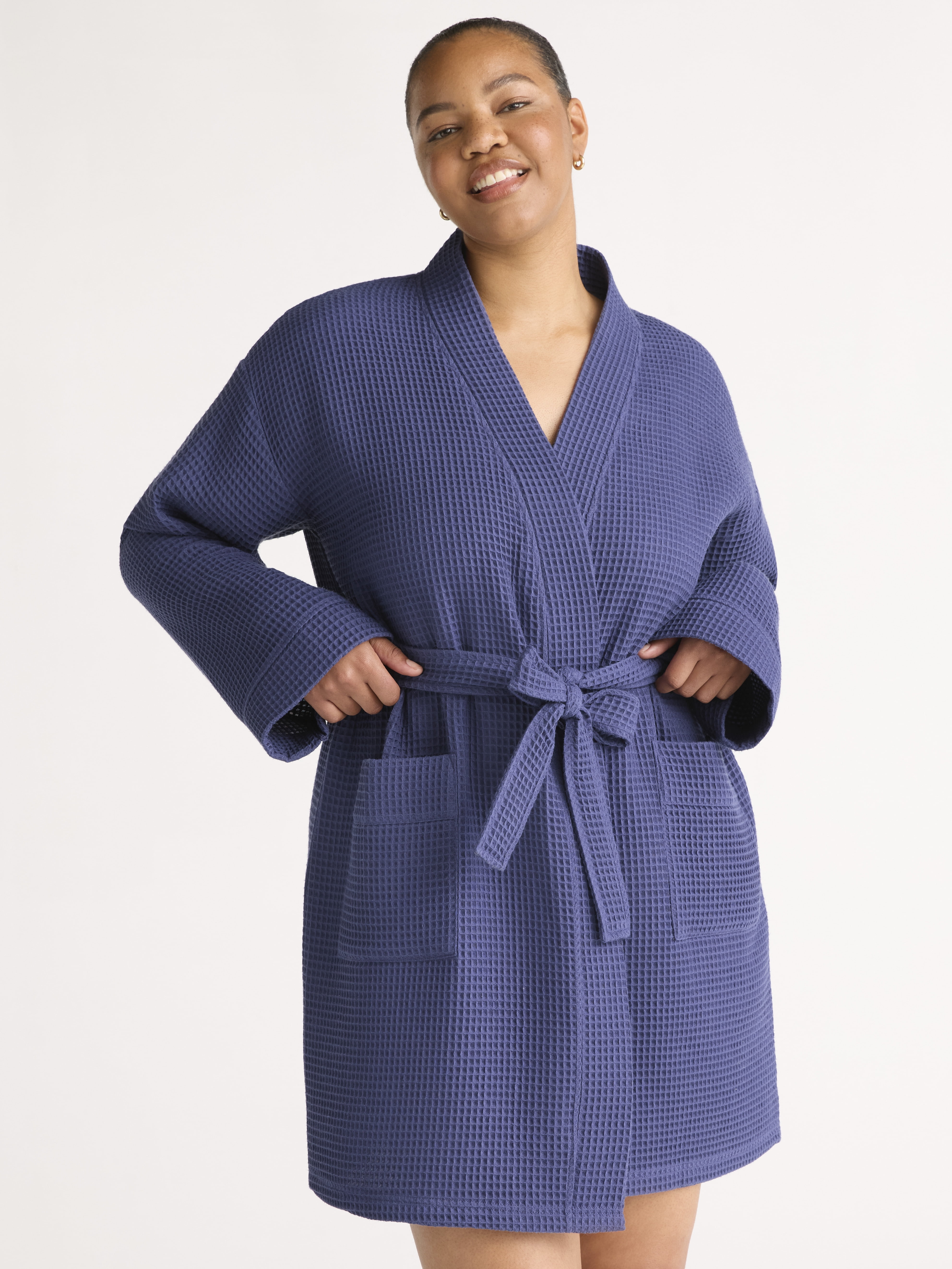 Joyspun Women's Waffle Kimono Short Wrap Robe, Size S-3X