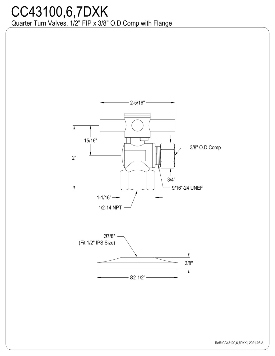 Kingston Brass CC43100DXK 1/2" FIP x 3/8" OD Comp Quarter-Turn Angle Stop Valve with Flange, Matte Black