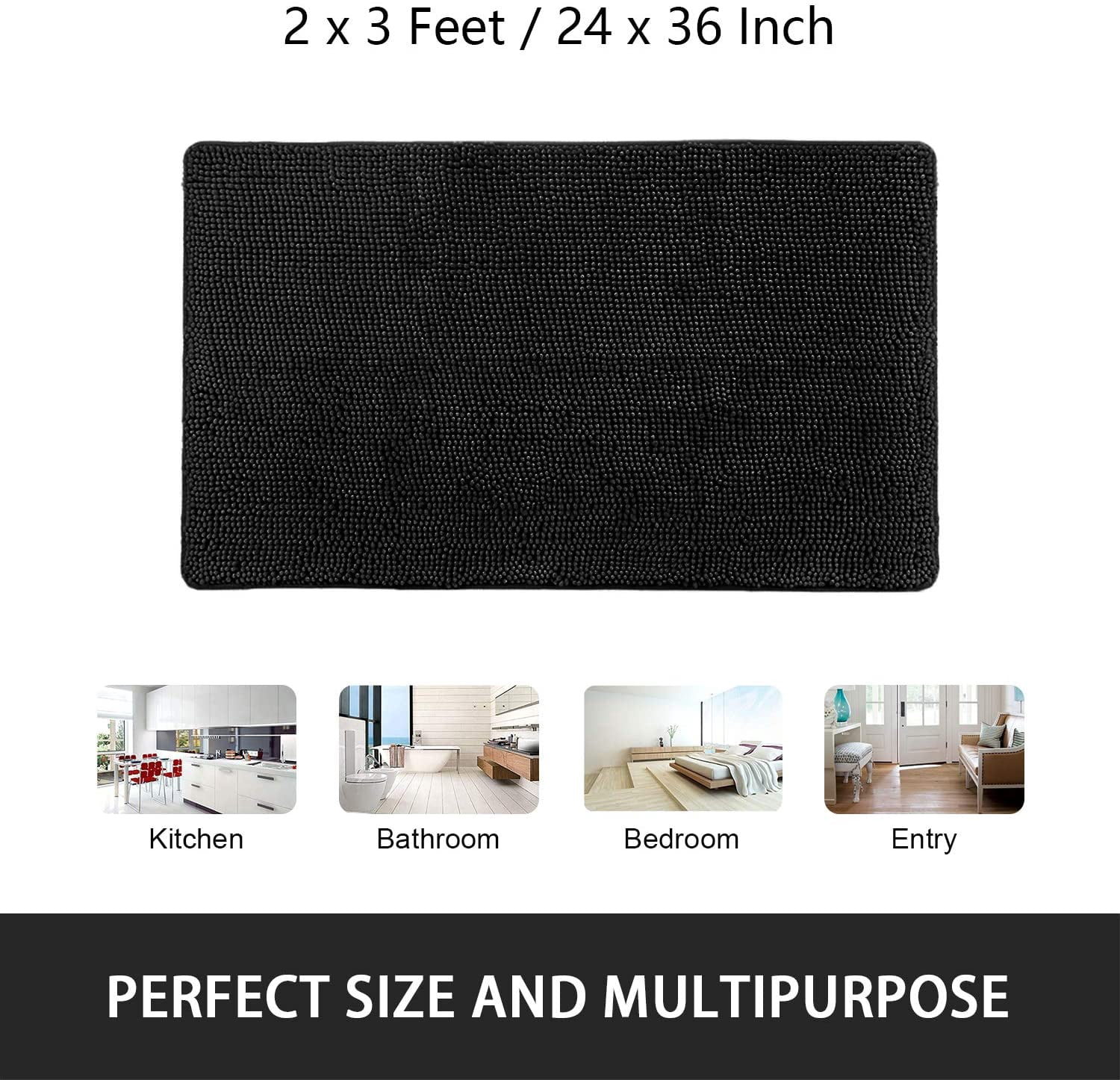 Junovo Soft Luxury Chenille Bathroom Mats, Non-Slip and Absorbent Throw Rugs for Bath Tub, Plush Microfiber Shower Rug,24"x36",Black