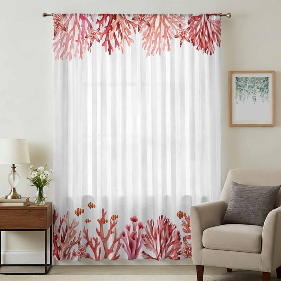 Red Sea Coral Sheer Curtains 96" Long for Living Room, Coastal Ocean Starfish Coral Fish Stripes Gray Light Filtering Privacy Drapes, Breathable Semi Sheer Window Treatment for Bedroom Dining Room