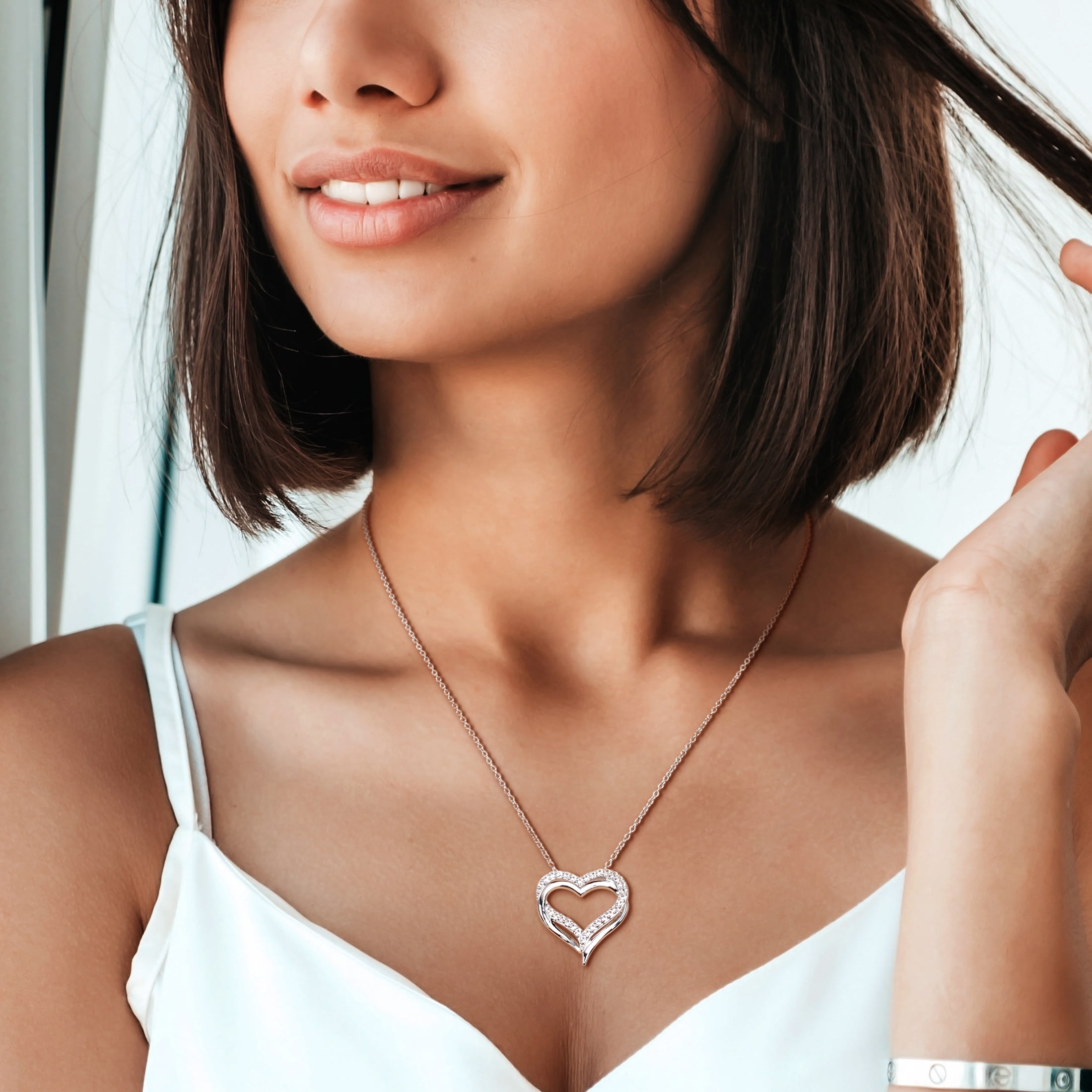 Everly Women's .62CT TGW Created White Sapphire Sterling Silver Heart Necklace