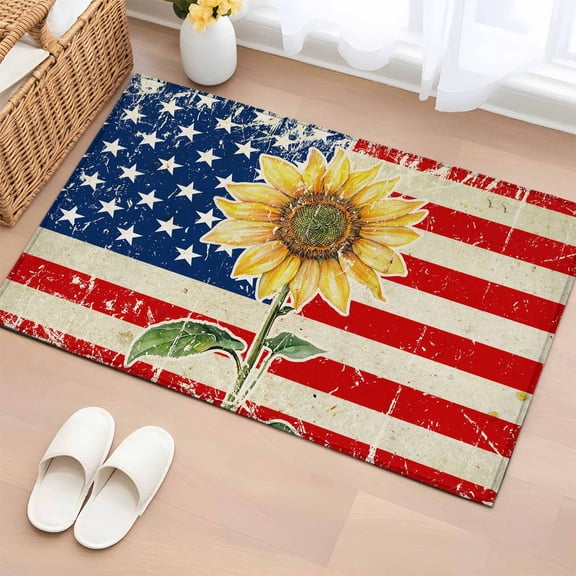 Bathroom Rugs 2x3 Ft, American Flag Non Slip Area Rugs for Kitchen Bedroom Entryway, Sunflower Vintage USA Flag Washable Carpet Runner Rug Floor Mats for Bedroom Home Decor