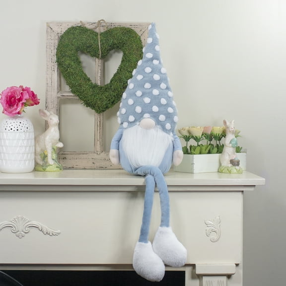 Northlight Sitting Spring Gnome Figure with a Pointy Polka Dot Hat - 34" - Blue and White