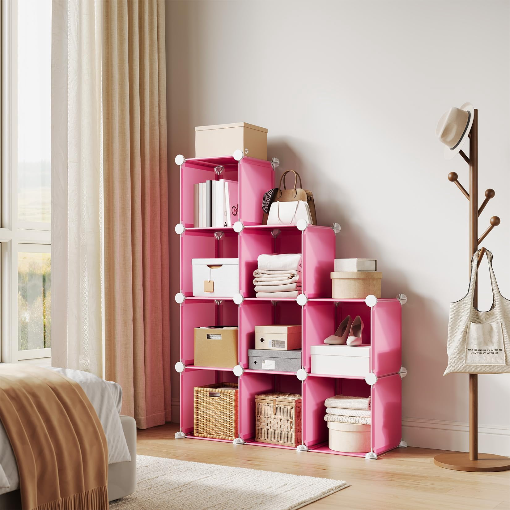 9 Cube Storage Organizer, DIY Modular Bookshelf & Closet Organizer, Plastic Stackable Shelving Cubes with Feet & Rubber Mallet
